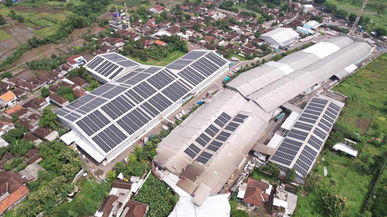 Aerial view of a 2 MW rooftop solar installation, East Java, Indonesia